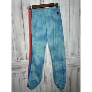 Aviator Nation Hand Tie Dyed Sweatpants 5 Stripe Blue Jogger Lounge Drawstring S